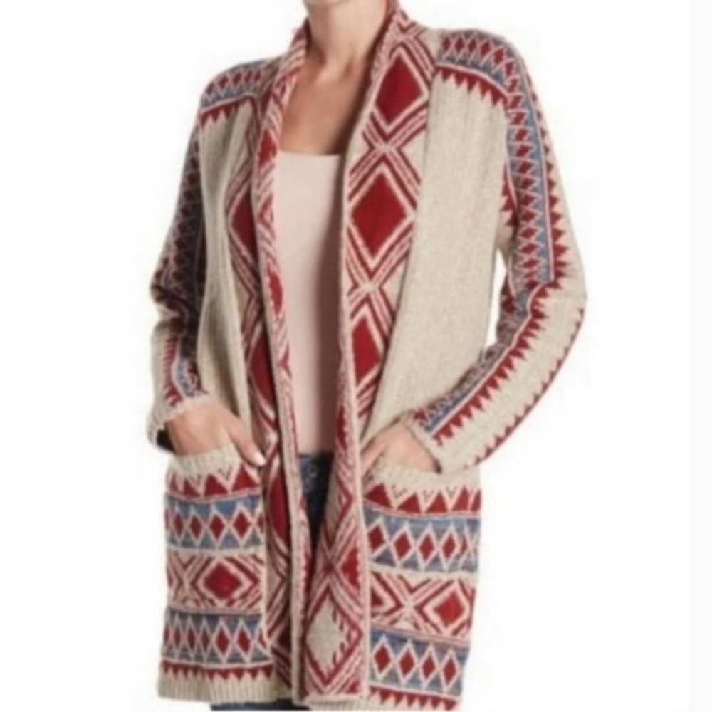 Lucky Brand Open Front Cardigan Tribal Aztec Southwestern Navajo Sweater $90 - Picture 2 of 10